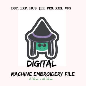 以下が含まれることがあります： 黒い帽子、紫色のバンド、緑色の顔をした漫画の魔女が特徴のデジタルミシン刺繍ファイル。 デザインには「DIGITAL」という単語と「MACHINE EMBROIDERY FILE」というテキストが含まれています。 ファイルのサイズは8.26cm x 10.26cmです。