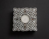 Abstract Snowflake Pattern Square Tealight Holder Wooden Indian Teak Wood, Hand Carving, Artisanal Design, Yoga, Candle Holder