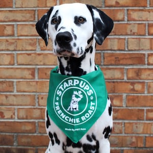 May include: A Dalmatian dog wearing a green bandana with a white circle and the text "Starpups Frenchie Roast" and "Made by PNT Pets".