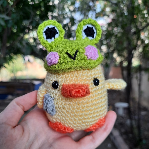 Crochet Duck With Knife wearing Frog - Mushroom -Strawberry Hat