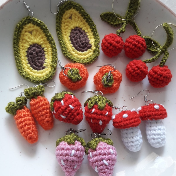 Crochet Fruit Earrings, Cute İndie Y2K Food Earrings -Avocado, Strawberry, Watermelon, Lemon, Pumpkin, Mushroom, Cherry