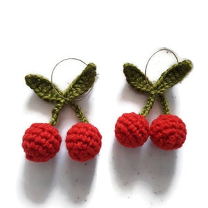 Kawaii Crochet Cherry Earrings, Cute Food Earrings