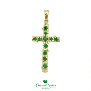 Exquisite 18k Yellow Gold Cross Pendant with Natural Colombian Emeralds