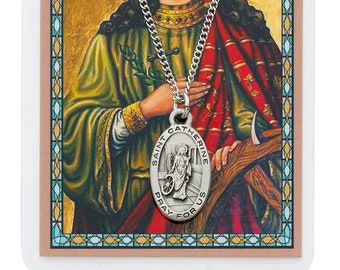 Saint Catherine Of Alexandria Pewter Medal and Laminated Prayer Card, 18" Chain