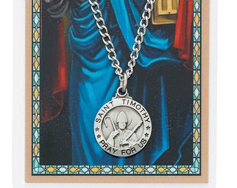 Saint Timothy Pewter Medal and Laminated Prayer Card, 24" Chain