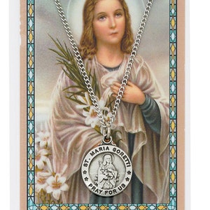 Saint Maria Goretti Pewter Medal and Laminated Prayer Card, 18&quot; Chain
