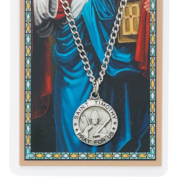 Saint Timothy Pewter Medal and Laminated Prayer Card, 24" Chain