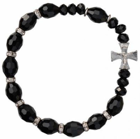 Rosary Bracelet With 10mm Black Crystal Beads Etsy