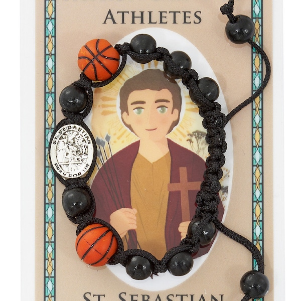 Adjustable Corded Black Wood St. Sebastian Basketball Bracelet