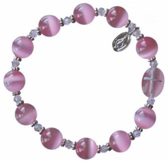 Rosary Bracelet With 10mm Pink Cats Eye Beads