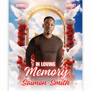 In Loving Memory PNG, Red Rose Heaven&#39;s Stairway Memorial Background for Funeral & Remembrance. Canva RIP Memorial T-shirt PNG Sublimation