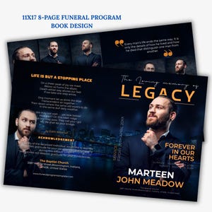 Canva Obituary Template | 17 x 11 Bifold Funeral Program | 8-Page Memorial Booklet | Celebration of Life Printable Download | Magazine Style