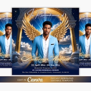 Folleto de anuncio de funeral conmemorativo, plantilla de anuncio de funeral, invitación de funeral, descanse en paz, folleto editable, monumento conmemorativo azul