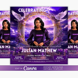 Folheto de anúncio de funeral memorial, modelo de anúncio de funeral, convite de funeral, descanse em paz, folheto editável, memorial roxo