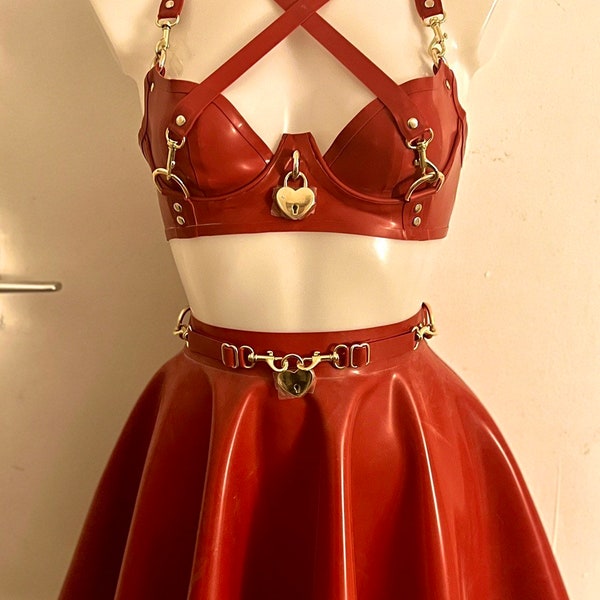 Latex heart padlock bra and skirt set