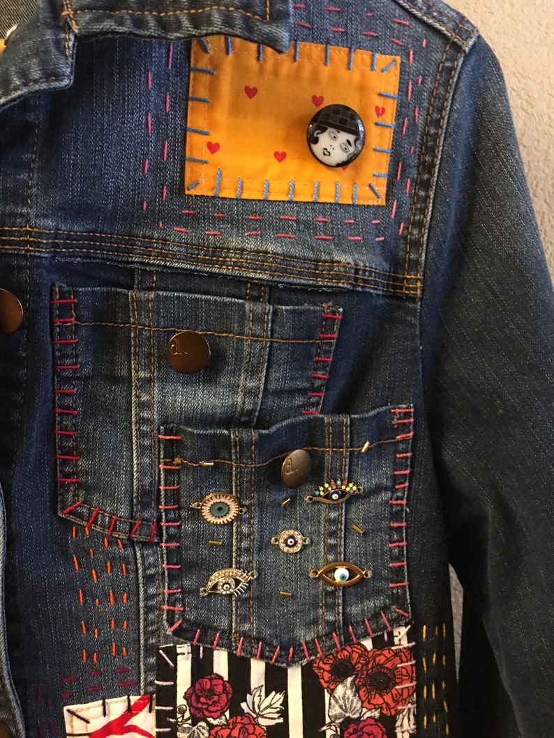 Womens Jacket Denim Jacket Pop Art Upcycled and Embellished - Etsy