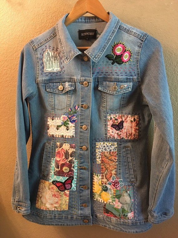 Womens Jacket Denim Jacket Patchwork Upcycled Embellished | Etsy