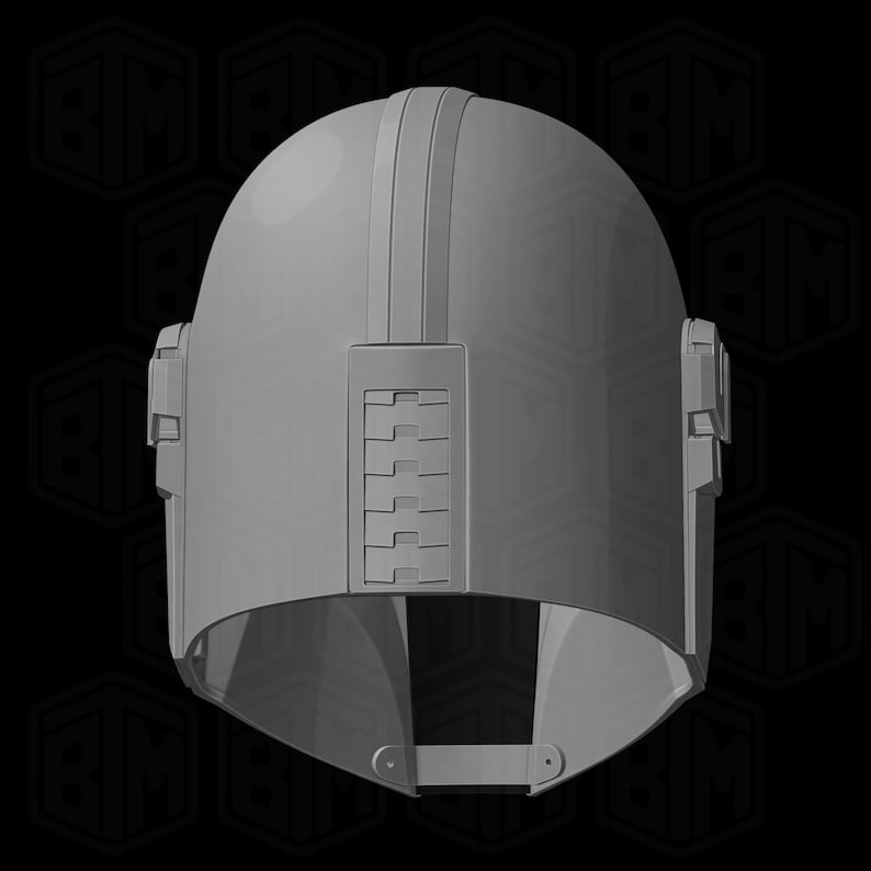 May include: A gray helmet with a rounded top and a rectangular section with five horizontal bars. The helmet has vertical lines on the top and rectangular details on the sides. The bottom has a curved opening.