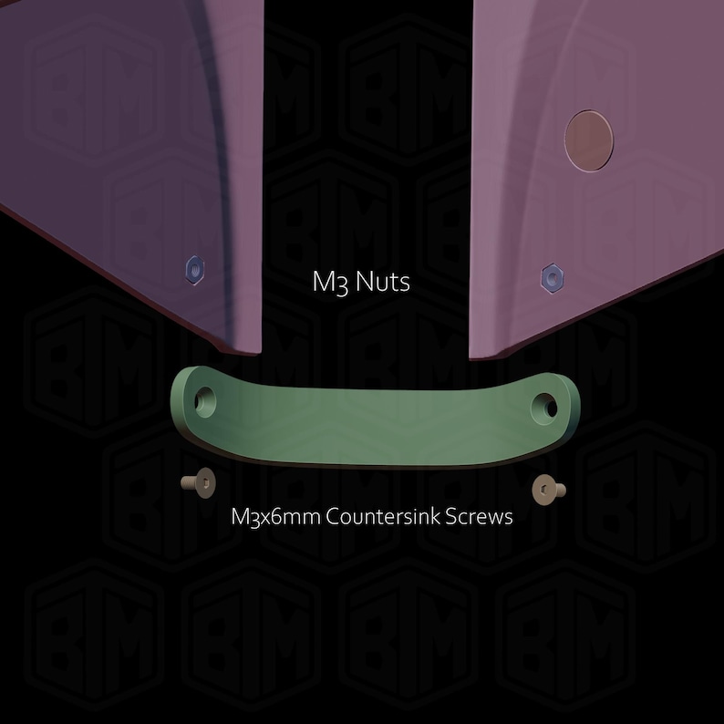 May include: An image featuring a green curved component with two holes, accompanied by two small screws and the text "M3x6mm Countersink Screws." Above, the text "M3 Nuts" is displayed. The background is a dark, patterned design.