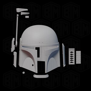 May include: A disassembled gray helmet with multiple parts, including the main dome, visor, and side components. The helmet has a distinctive shape with a T-shaped visor and various attachment points. The pieces are arranged against a dark background.