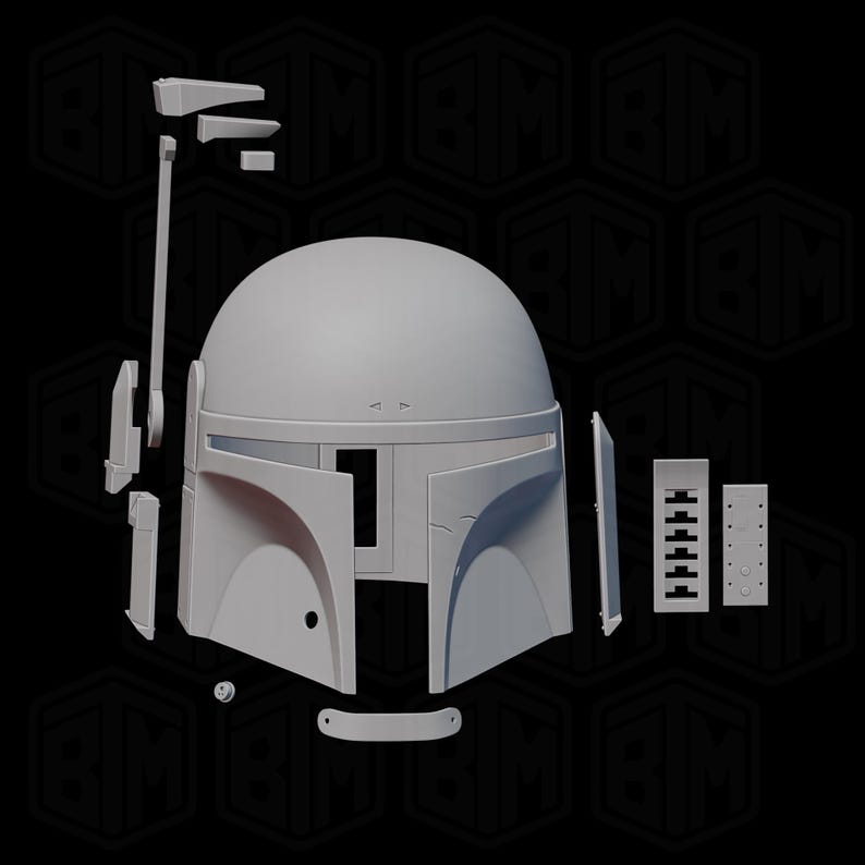 May include: A disassembled gray helmet with multiple parts, including the main dome, visor, and side components. The helmet has a distinctive shape with a T-shaped visor and various attachment points. The pieces are arranged against a dark background.