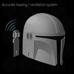 May include: A gray Mandalorian helmet with a matching communication device. The helmet has a distinctive T-shaped visor and a rounded top with vertical ridges. The text "Accurate hearing / ventilation system" is above the helmet.
