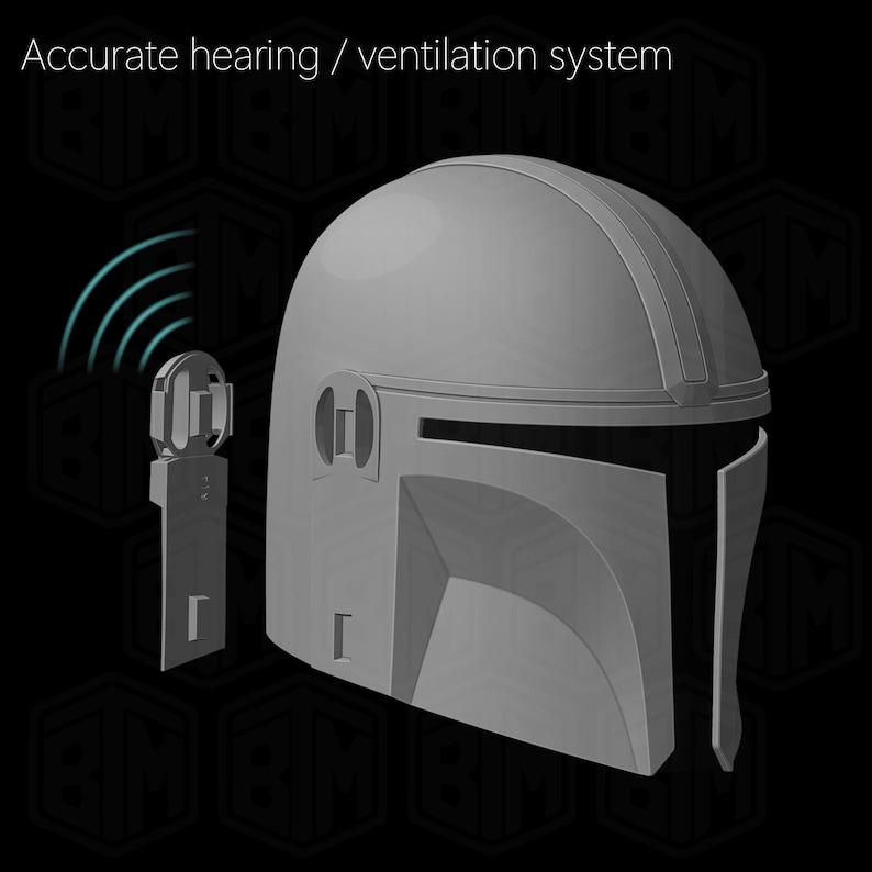 May include: A gray Mandalorian helmet with a matching communication device. The helmet has a distinctive T-shaped visor and a rounded top with vertical ridges. The text "Accurate hearing / ventilation system" is above the helmet.