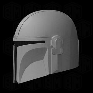 May include: A gray Mandalorian helmet with a visor and distinctive angular design. The helmet features a rounded top and a rectangular detail on the side. The overall aesthetic is sleek and futuristic, with a focus on functionality and protection.