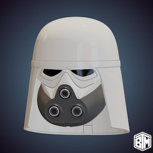 May include: A white and gray helmet with a distinctive design, featuring a rounded top and a detailed face mask. The mask has eye openings and a central section with three circular features. The helmet is set against a dark blue background.