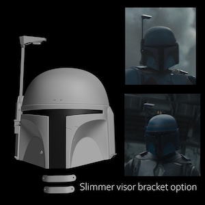 May include: A gray Mandalorian helmet with a T-shaped visor, antenna, and a "Slimmer visor bracket option" text. Two smaller images show the helmet in use, with a blue and gray color scheme.