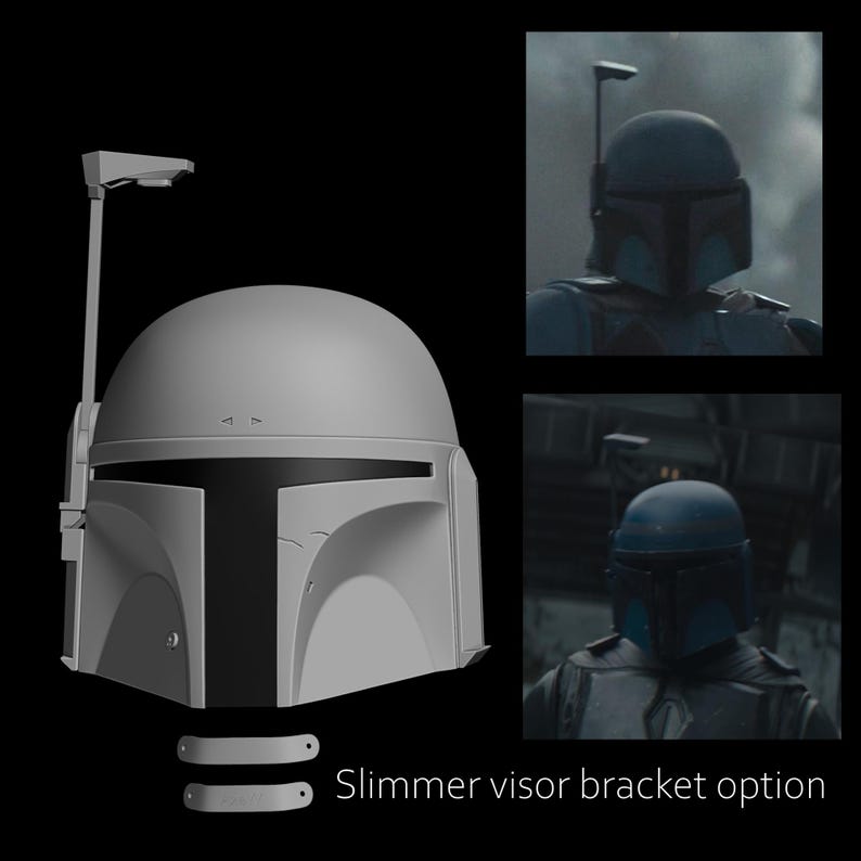 May include: A gray Mandalorian helmet with a T-shaped visor, antenna, and a "Slimmer visor bracket option" text. Two smaller images show the helmet in use, with a blue and gray color scheme.