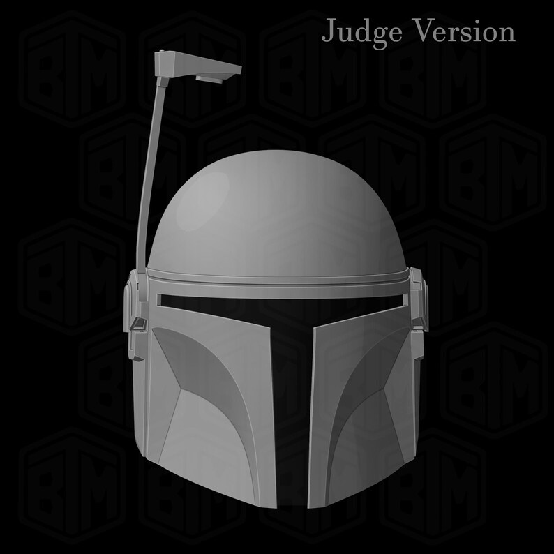 May include: A gray Mandalorian helmet with a T-shaped visor and a rangefinder. The helmet has a rounded top and angular features, with the text "Judge Version" in the upper right corner. The design is reminiscent of the Star Wars franchise.