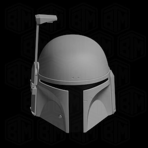 May include: A gray Mandalorian helmet with a T-shaped visor and a rangefinder on the right side. The helmet has a rounded top and angular cheek plates, with a few small details and markings.