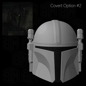 May include: A gray Mandalorian helmet with a domed top, vertical center ridge, and angular visor. The helmet has side attachments and is set against a black background. The text "Covert Option #2" is in the upper right corner.