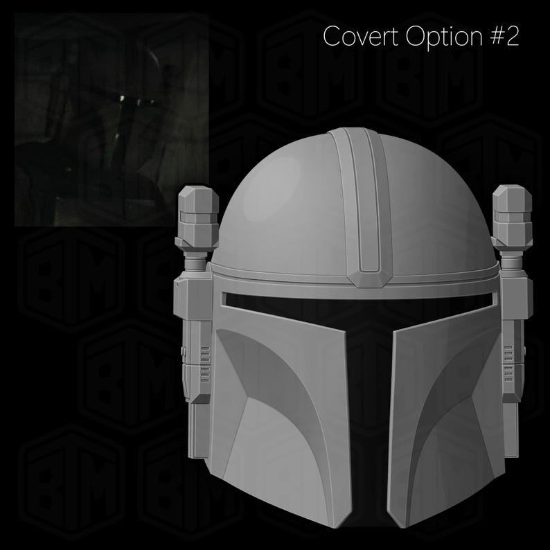 May include: A gray Mandalorian helmet with a domed top, vertical center ridge, and angular visor. The helmet has side attachments and is set against a black background. The text "Covert Option #2" is in the upper right corner.