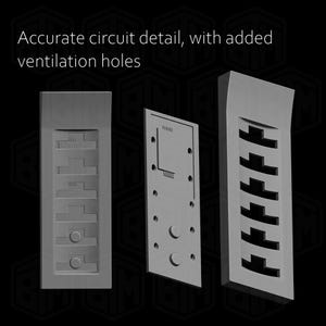 May include: Three gray circuit board components are displayed against a black background. The components include detailed circuit patterns and ventilation holes. The text "Accurate circuit detail, with added ventilation holes" is at the top.