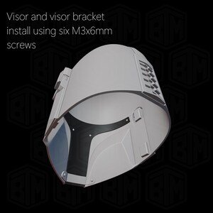 May include: A gray helmet with a visor and visor bracket. The text on the image reads: "Visor and visor bracket install using six M3x6mm screws."
