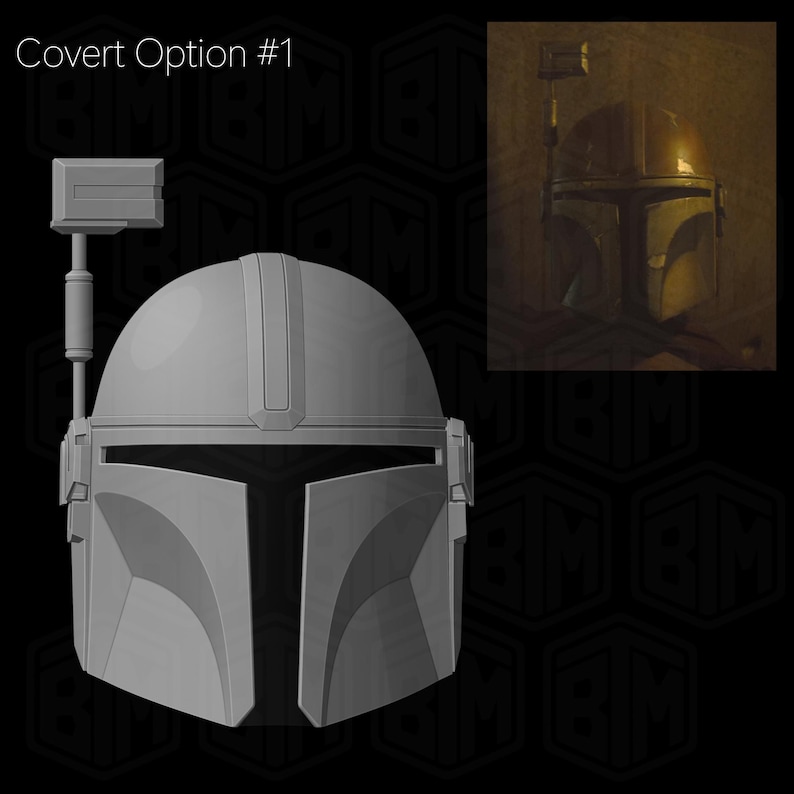 May include: A gray Mandalorian helmet design with a rectangular attachment on the left side. The words "Covert Option #1" are at the top left. A smaller, shaded image of the helmet is in the top right corner.