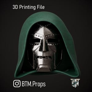 May include: A metallic silver mask with a riveted design and a dark green hood. The text 3D Printing File is visible at the top, and the text BTM.Props is at the bottom with an Instagram icon and a BTM logo.