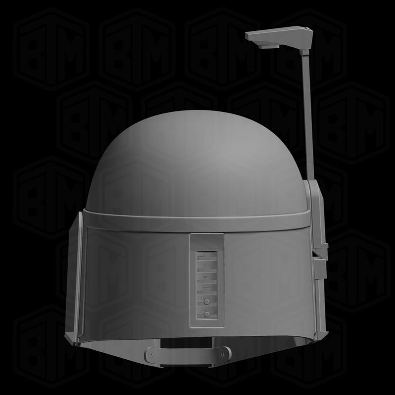 May include: A gray Mandalorian helmet with a rounded top and a vertical antenna-like structure on the right side. The helmet has a rectangular section with several small, circular details. The overall design is sleek and futuristic.