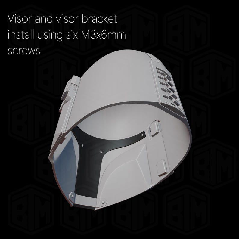 May include: A light gray helmet with a visor and visor bracket. The text on the image reads: "Visor and visor bracket install using six M3x6mm screws."