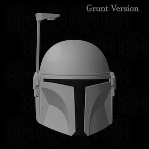 May include: A gray Mandalorian helmet, featuring a rounded top, angled visor, and a T-shaped visor opening. The helmet has a stalk with a rectangular element on top. The text "Grunt Version" is visible in the upper right corner.