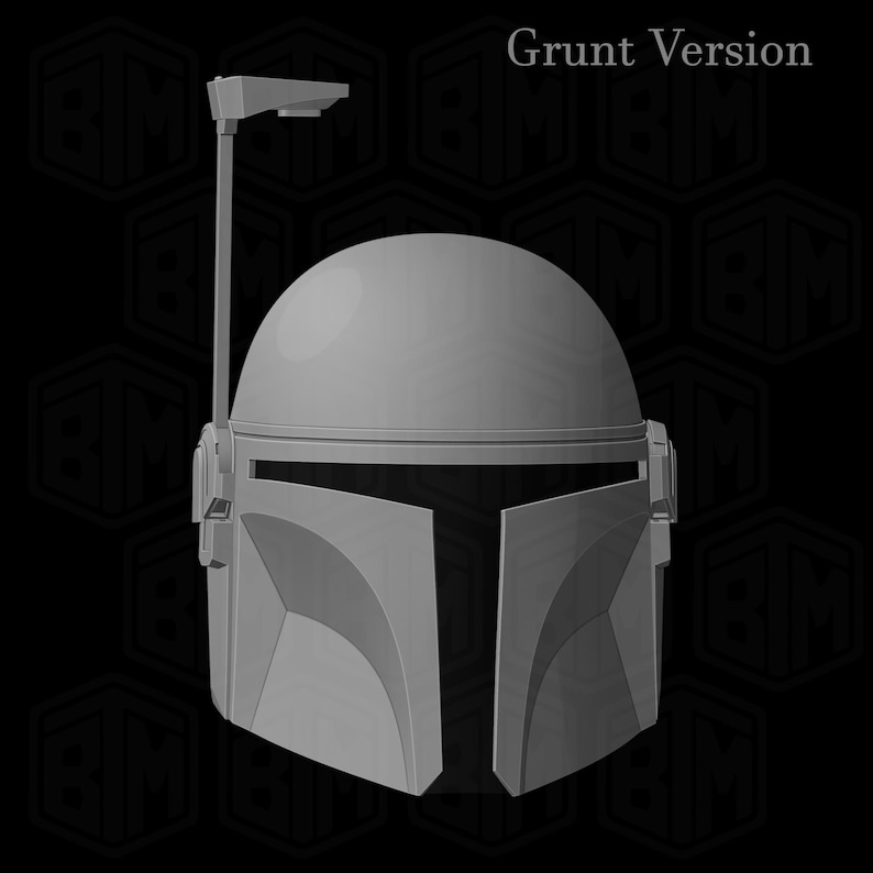 May include: A gray Mandalorian helmet, featuring a rounded top, angled visor, and a T-shaped visor opening. The helmet has a stalk with a rectangular element on top. The text "Grunt Version" is visible in the upper right corner.