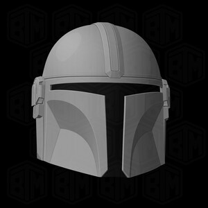 May include: A gray Mandalorian helmet with a distinctive T-shaped visor and angular design. The helmet features a rounded top with vertical ridges and side details, set against a dark background.