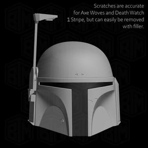 May include: A gray Mandalorian helmet with a T-shaped visor and a rangefinder. The text on the image says, "Scratches are accurate for Axe Woves and Death Watch 1 Stripe, but can easily be removed with filler."