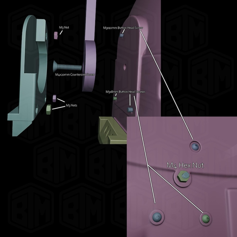 May include: An exploded view of mechanical components, including screws, nuts, and brackets. The image features labels such as "M3 Nut," "M4x20mm Countersink Screw," and "M4 Hex Nut." The parts are rendered in shades of green, purple, and gray.