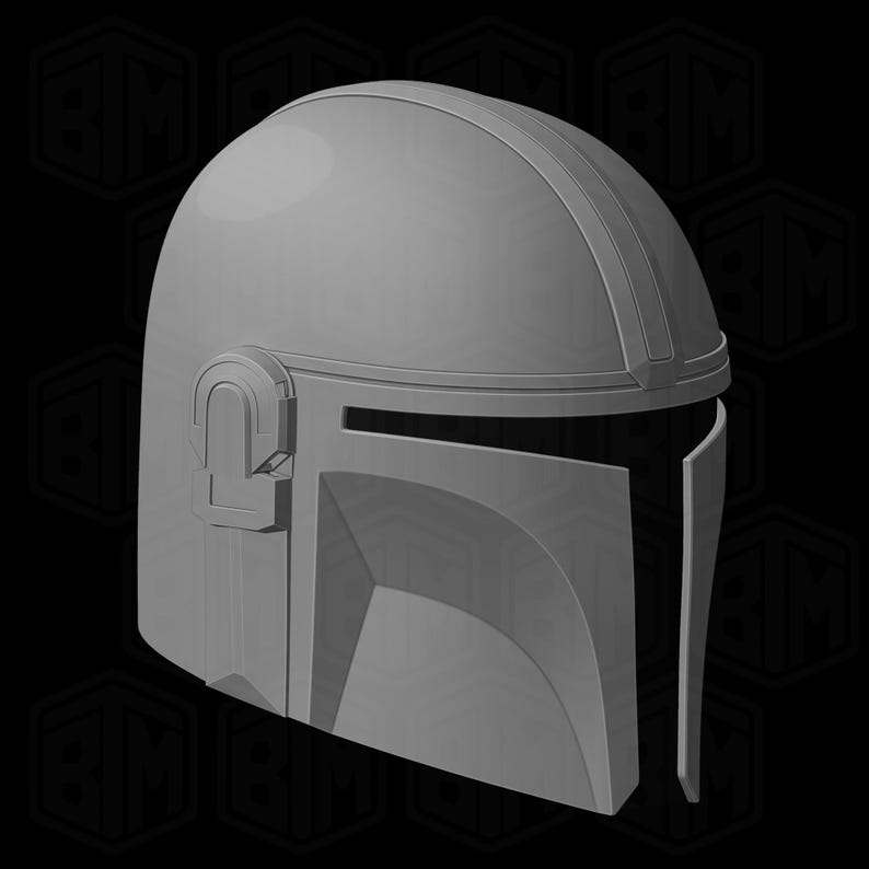 May include: A gray Mandalorian helmet with a visor and a T-shaped opening. The helmet has a rounded top with two raised lines and a rectangular detail on the side. The helmet is a 3D model.