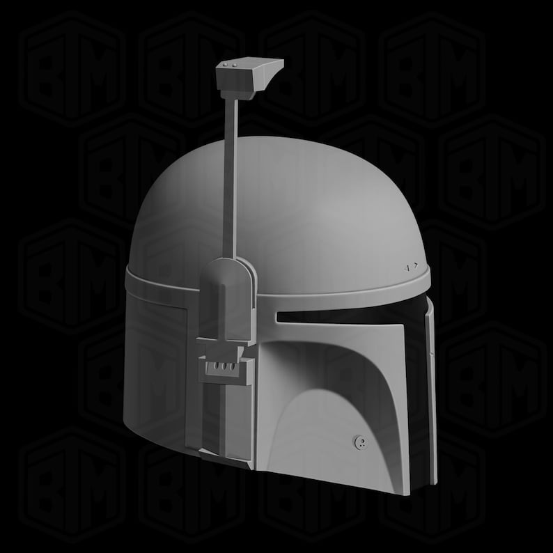 May include: A gray Mandalorian helmet with a T-shaped visor and a rangefinder antenna. The helmet has a smooth, matte finish and is designed with detailed features. The helmet is a replica of the one worn by the Mandalorian.