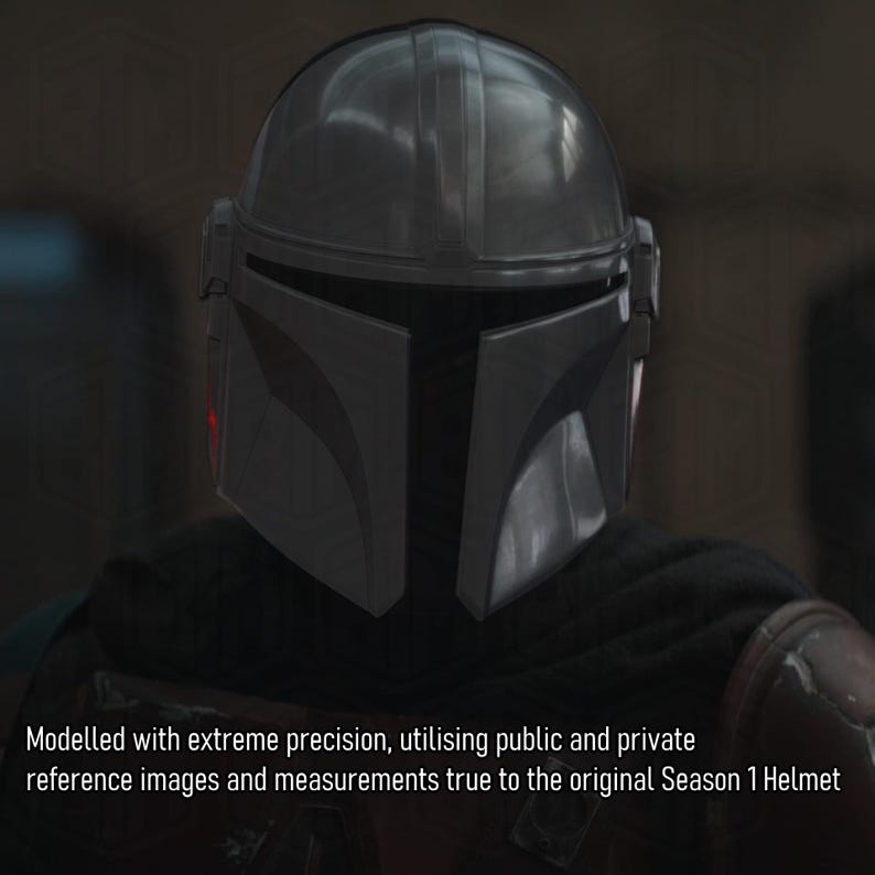 May include: A close-up of a dark gray Mandalorian helmet. The helmet has a sleek, metallic appearance with a T-shaped visor and a rounded top. The text at the bottom reads: "Modelled with extreme precision, utilising public and private reference images and measurements true to the original Season 1 Helmet."