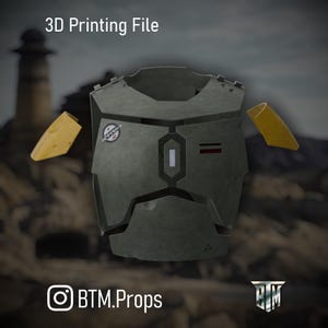 May include: A digitally rendered image of a grey and green chest armour with yellow shoulder pads. The armour has a rectangular design with a white vertical stripe and a red stripe. The text "3D Printing File" is at the top.